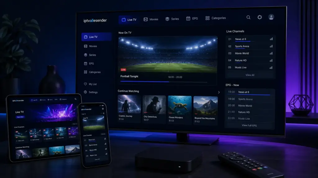 iptvallesender IPTV dashboard on Smart TV with smartphone and tablet